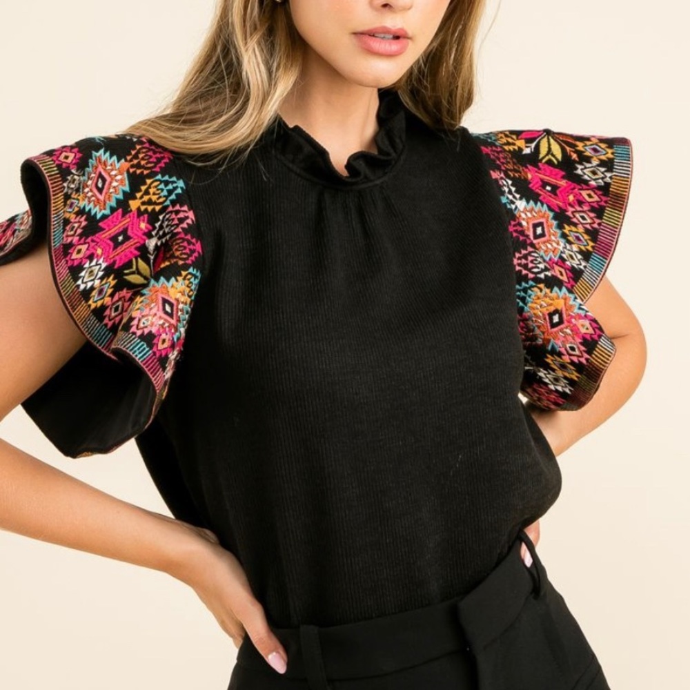 NWT Black THML knit top with Embrodiery heavy flutter sleeves